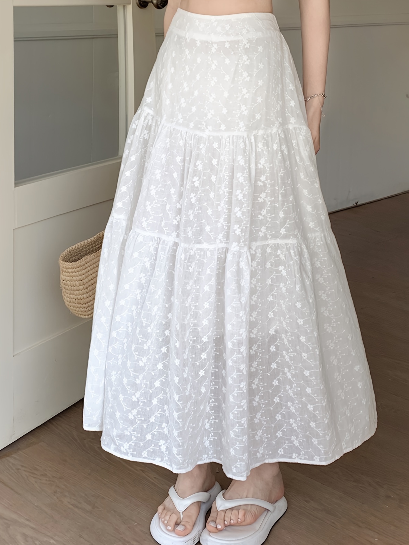 Floral Pattern High Waist Flared Skirt, Casual Tiered Mesh Maxi Skirt, Women's Clothing